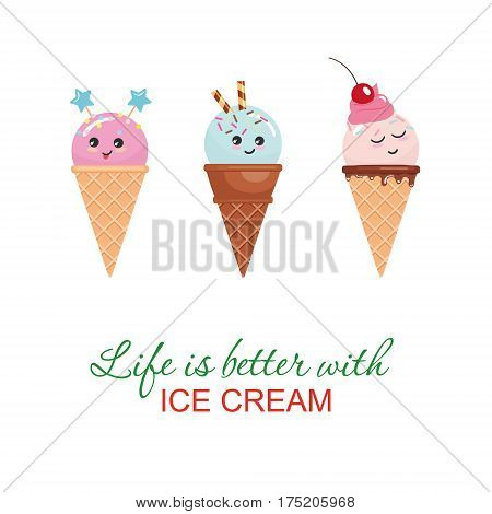 Kawaii ice cream cone characters. Cute cartoons isolated on white.