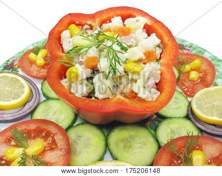 stuffed red pepper and tomato with parsley and fennel on the plate