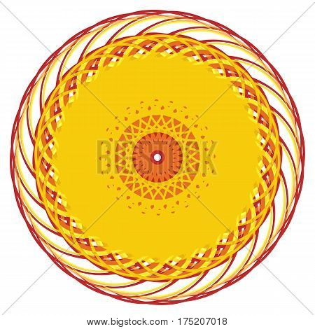 Bright mandala. Background of intersecting lines. Dynamic image of thread. Sunny backdrop for text. Stylized wheel spokes.