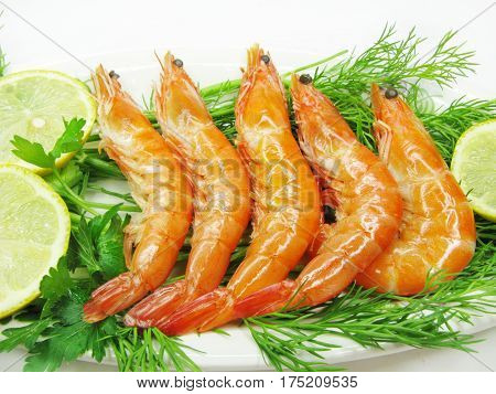 composition of boiled shrimps with lemon slices and parsley isolated