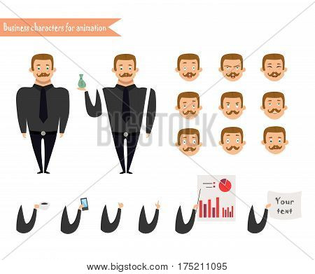 Emotion faces.Emoji face icons.Boy character for scenes.Parts of body template for animation. Funny office man cartoon.Vector illustration isolated on white background.Business Elements for web design