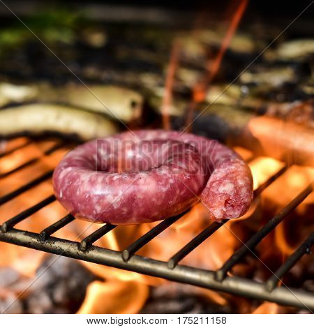 closeup of a pork meat sausage being cooked in a barbecue