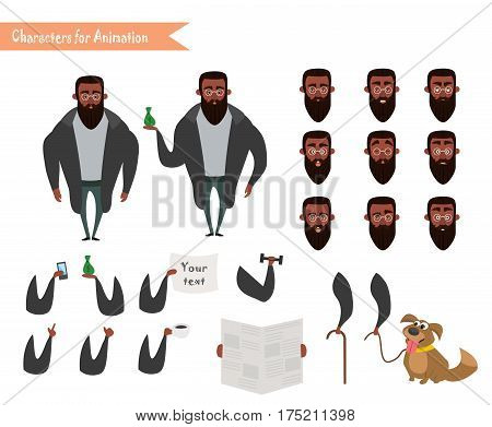 African American Boy character for your scenes. Parts of body template for design work and animation. Vector illustration isolated on white background. Hipster beard