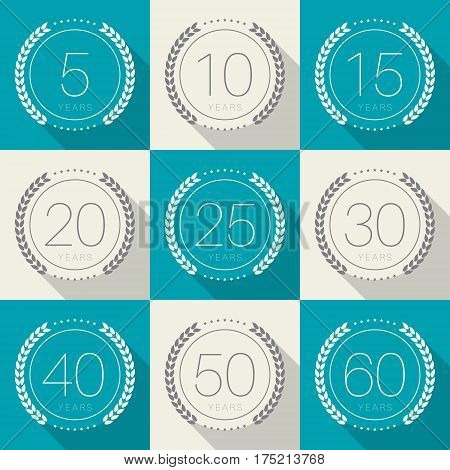 Vector set of anniversary symbols. 5th, 10th, 15th, 20th, 25th, 30th, 40th, 50th, 60th anniversary logo's collection.