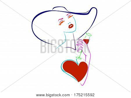 Woman with a glass of wine on a white background