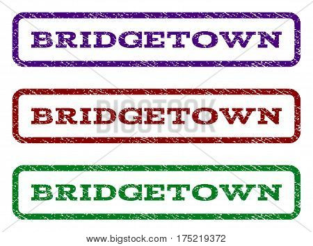 Bridgetown watermark stamp. Text tag inside rounded rectangle frame with grunge design style. Vector variants are indigo blue, red, green ink colors. Rubber seal stamp with dirty texture.