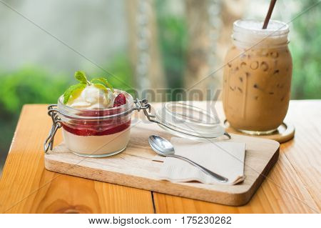 Ice Coffee And Strawberry Panacotta