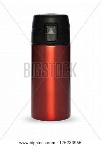 Red thermos with plastic lid and convenient spout for an active life isolated on white background