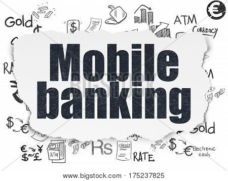 Currency concept: Painted black text Mobile Banking on Torn Paper background with  Hand Drawn Finance Icons