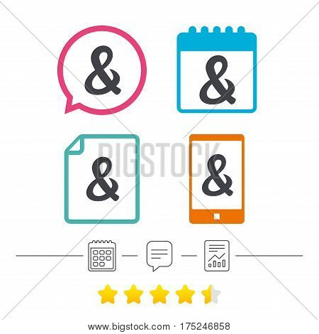 Ampersand sign icon. Programming logical operator AND. Wedding invitation symbol. Calendar, chat speech bubble and report linear icons. Star vote ranking. Vector