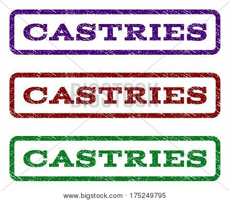 Castries watermark stamp. Text caption inside rounded rectangle frame with grunge design style. Vector variants are indigo blue, red, green ink colors. Rubber seal stamp with dust texture.