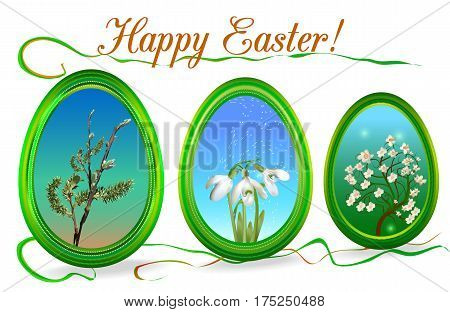 Three decorative frames with spring flowering plants. Green frames with snowdrops, willow and blooming tree