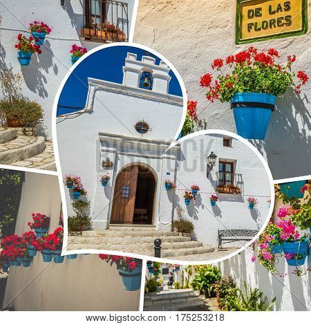 Collage of Mijas with flower pots in facades. Andalusian white village. Costa del Sol
