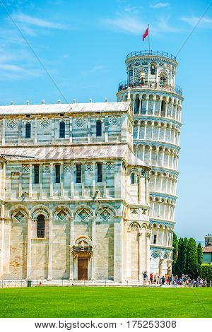 Leaning Pisa Tower in Summer. Pisa Toscany Northern Italy.