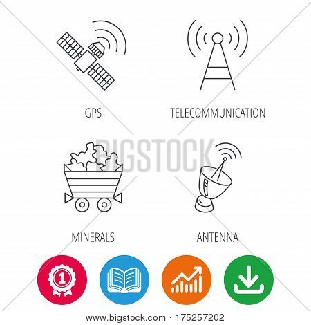 Telecommunication, minerals and antenna icons. GPS satellite linear sign. Award medal, growth chart and opened book web icons. Download arrow. Vector
