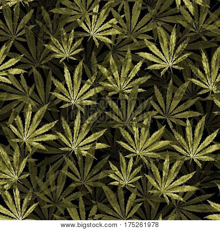 Crowd of Cannabis leaves on black background. Hand drawn watercolor illustration of the plant Cannabis Sativa or Marijuana. Pattern with marijuana leaf for label poster web.