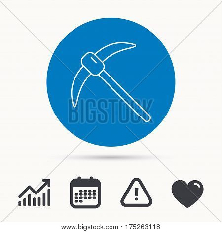 Mining tool icon. Pickaxe equipment sign. Minerals industry symbol. Calendar, attention sign and growth chart. Button with web icon. Vector