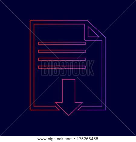 File download sign. Vector. Line icon with gradient from red to violet colors on dark blue background.