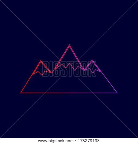 Mountain sign illustration. Vector. Line icon with gradient from red to violet colors on dark blue background.