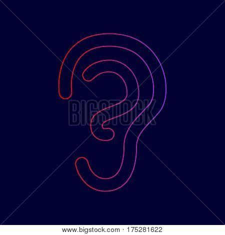 Human ear sign. Vector. Line icon with gradient from red to violet colors on dark blue background.
