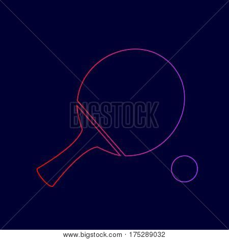 Ping pong paddle with ball. Vector. Line icon with gradient from red to violet colors on dark blue background.