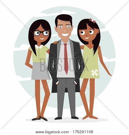 Man surrounded by two beautiful girls. Successful businessman in a suit, macho and handsome. Illustration attractive guy on vacation.
