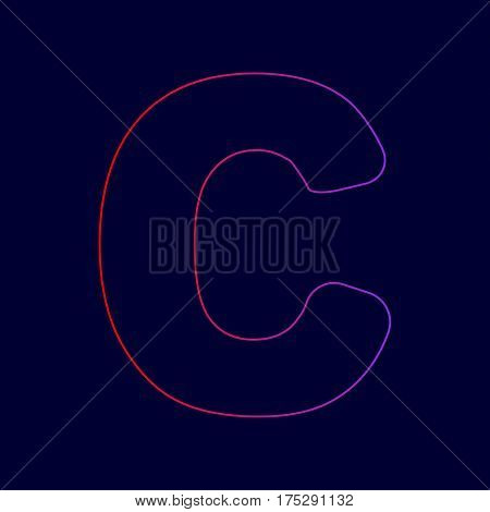 Letter C sign design template element. Vector. Line icon with gradient from red to violet colors on dark blue background.