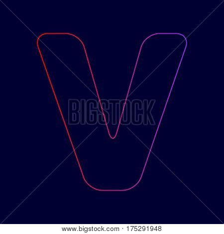 Letter V sign design template element. Vector. Line icon with gradient from red to violet colors on dark blue background.