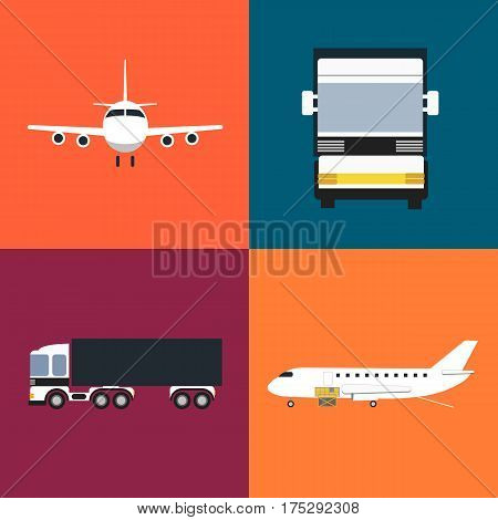 Commercial cargo transportation icons set isolated vector illustration. Loading cargo jet plane and freight truck icons. Worldwide logistics, cargo airlines, delivery transportation, freight shipment