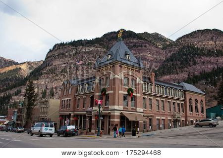 Ouray Colorado-January 7 2012: Old hotel in small mountain town of Ouray Colorado.