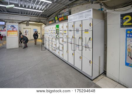 Tokyo, Japan - 17 February 2017: Coins Locker cabinet at Suidobashi station terminal. Coins Locker cabinet can use in the station