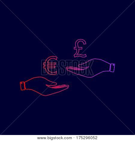 Currency exchange from hand to hand. Euro and Puond. Vector. Line icon with gradient from red to violet colors on dark blue background.