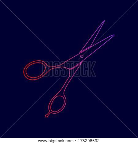 Hair cutting scissors sign. Vector. Line icon with gradient from red to violet colors on dark blue background.