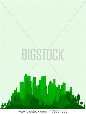 The very edge of a city trees and buildings in emerald green as a background