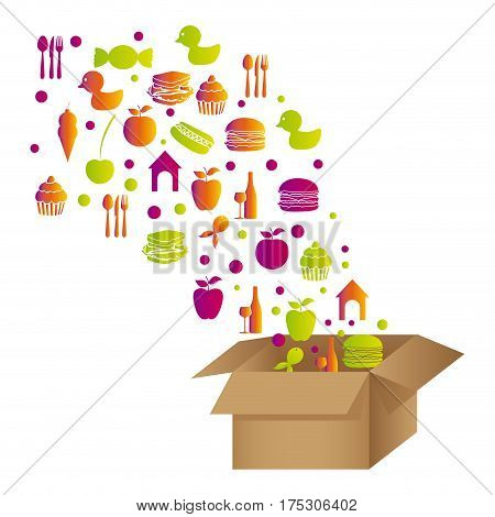 colorful pattern with food elements in carton box vector illustration