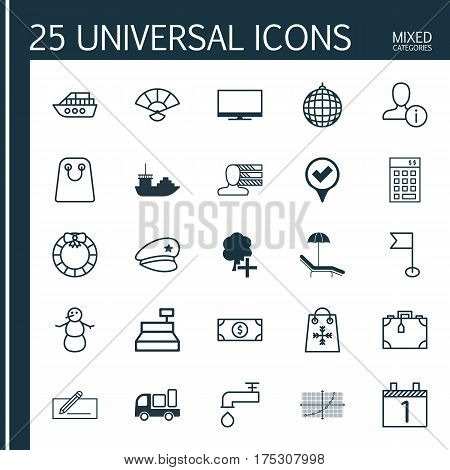 Set Of 25 Universal Editable Icons. Can Be Used For Web, Mobile And App Design. Includes Elements Such As Spigot, Ensign, Checked Pointer And More.