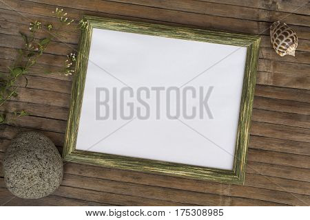 Horizontal frame with white blank page photo background. Rustic wooden board backdrop with natural decor. Vintage flat lay composition with place for text or artwork. Shabby chic design template