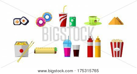 Vector icons sweet fast food elements. Restaurant breakfast menu isolated symbols. Cake design kitchen beverage dinner and dessert different meal.