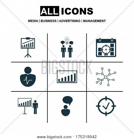 Set Of 9 Executive Icons. Includes Personal Character, Co-Working, Report Demonstration And Other Symbols. Beautiful Design Elements.