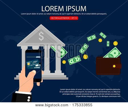 Bank wire transfer. Mobile payment, internet banking, business. Vector illustration.