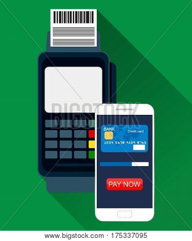 Pos terminal payment by smartphone. Vector illustration in flat design on green background. Near Field Communication payments concept.