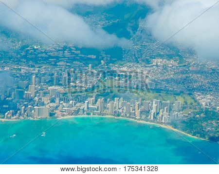 Aerial shot of Waikiki Beach, Oahu, Hawaii