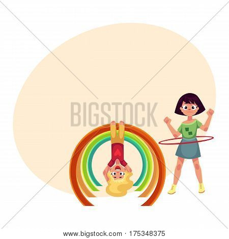 Two girls playing at playground, spinning hula hoop and hanging upside down on monkey bar, cartoon vector illustration with place for text. Girl friends having fun at playground
