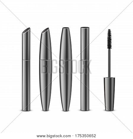 Vector Set of Different Closed Black Realistic Mascara in Dark Shiny Tubes with Brush Isolated on White Background