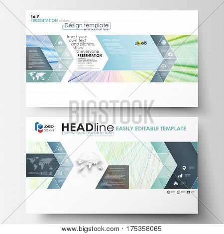 Business templates in HD format for presentation slides. Easy editable layouts in flat style, vector illustration. Colorful background with abstract waves, lines. Bright color curves. Motion design