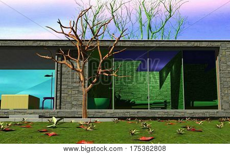 3D Rendering Residential apartment building on sunny day with blue sky.