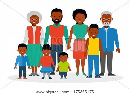 A big happy family. African Americans. Grandfather, grandmother, parents, mother and father, the three sons of different ages and daughter. Flat style illustration.
