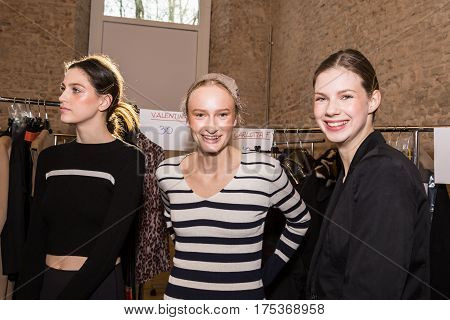 MILAN ITALY - FEBRUARY 25: Gorgeous models pose in the backstage just before Cividini show during Milan Women's Fashion Week on FEBRUARY 25 2017 in Milan.