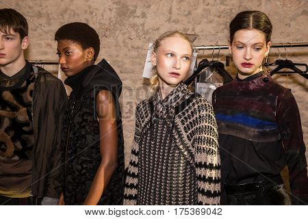MILAN ITALY - FEBRUARY 25: Gorgeous models pose in the backstage just before Cividini show during Milan Women's Fashion Week on FEBRUARY 25 2017 in Milan.
