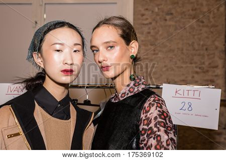MILAN ITALY - FEBRUARY 25: Gorgeous models pose in the backstage just before Cividini show during Milan Women's Fashion Week on FEBRUARY 25 2017 in Milan.